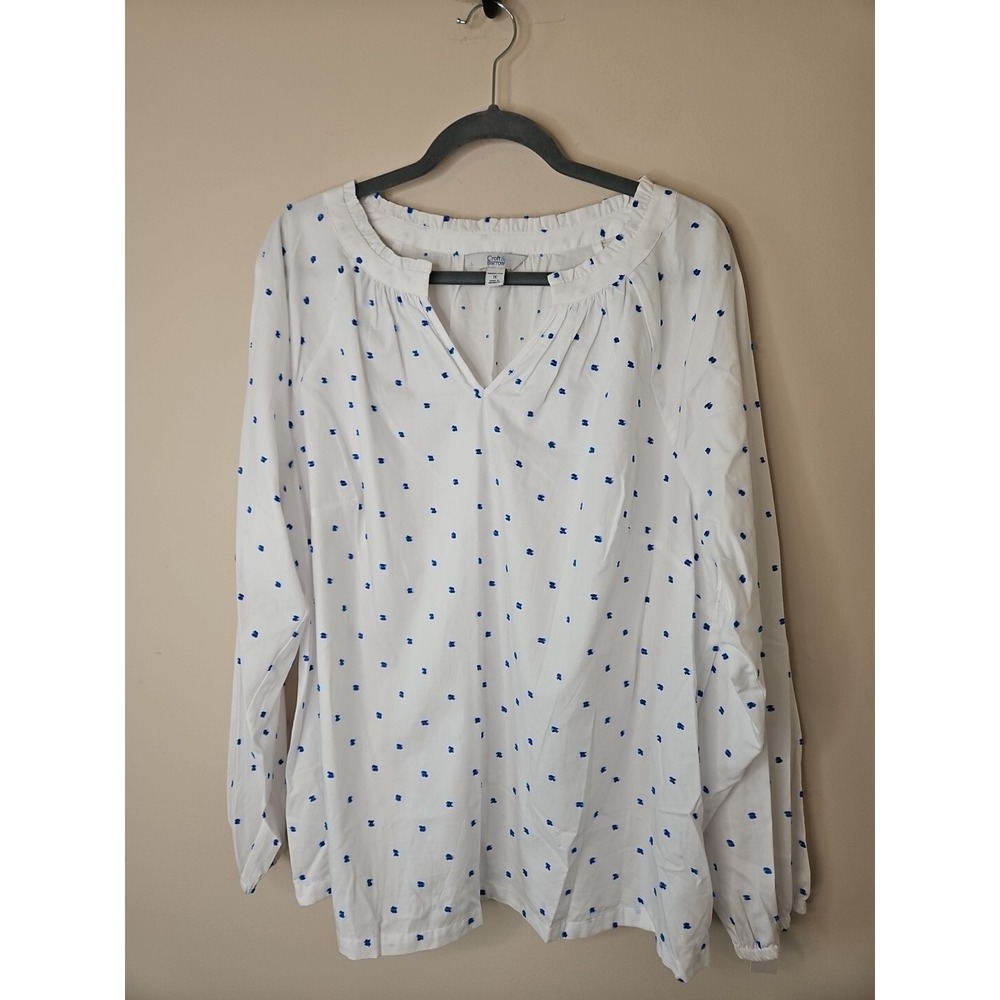 Croft & Barrow Top White Blue Raglan 100% Cotton Popover Blouse Coastal Preppy